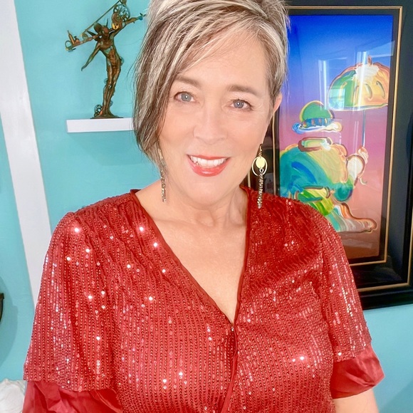 Red sequin formal party special occasion pantsuit jumpsuit with self tie belt - Picture 2 of 4